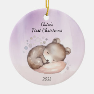 Watercolor Baby Bear First Christmas Personalized Ceramic Ornament