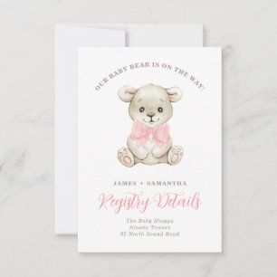 Watercolor Baby Bear Pink Bow Gift Registry Announcement