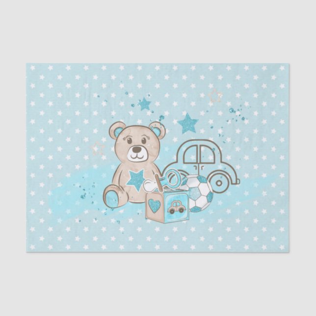 WATERCOLOR BABY BLUE TEDDY BEAR CARS BLOCKS TISSUE PAPER (Front)