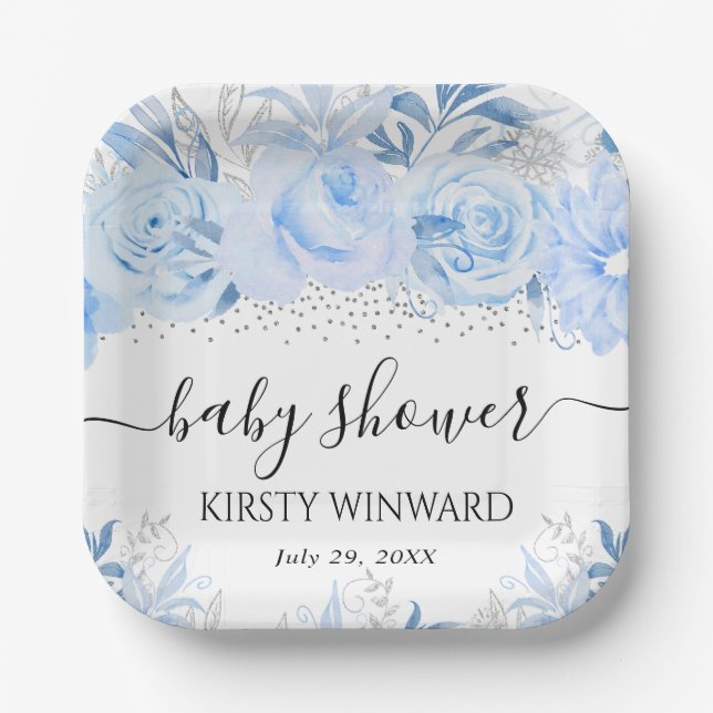 Watercolor Baby Blue Winter Flowers Baby Shower Paper Plate (Front)