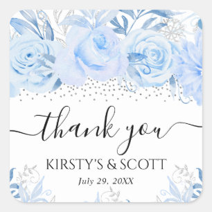 Watercolor Baby Blue Winter Flowers Wedding Square Sticker