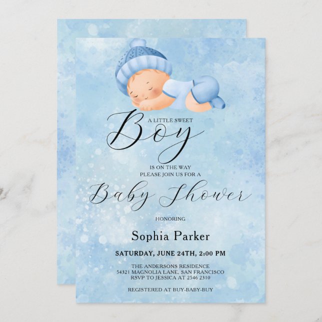 Watercolor Baby Boy Invitation (Front/Back)