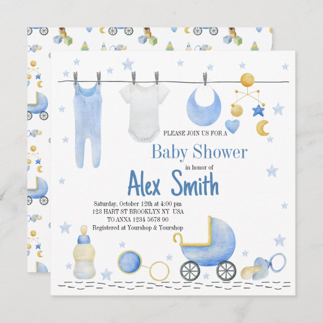Watercolor baby boy invitation (Front/Back)