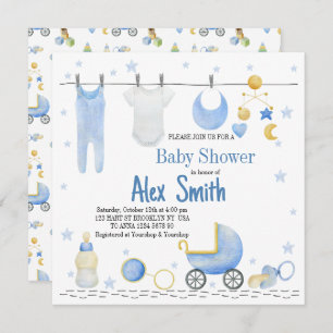 Watercolor baby boy invitation