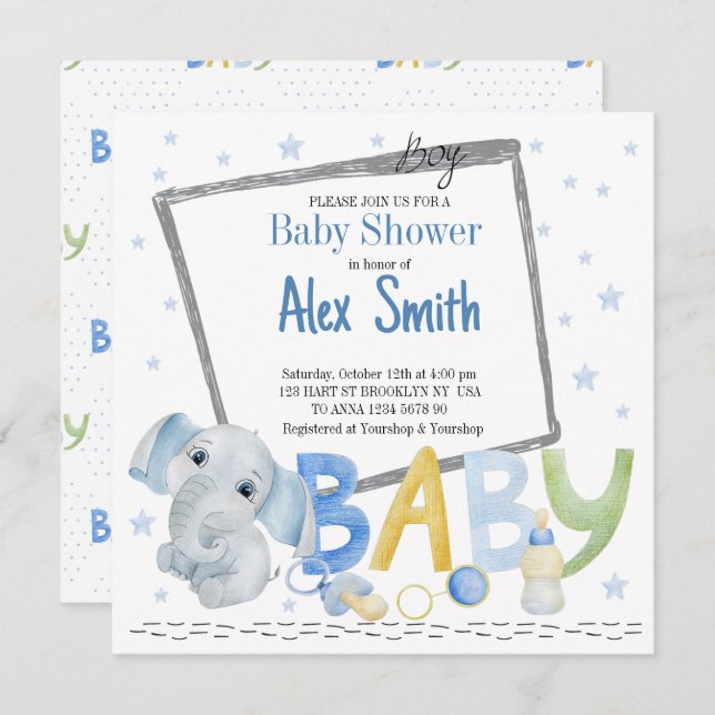 Watercolor baby boy invitation (Front/Back)