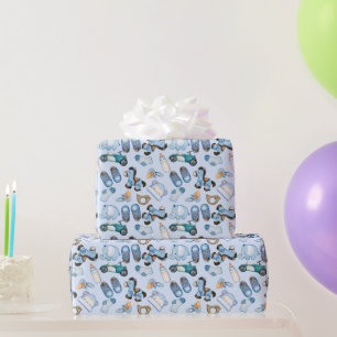 Watercolor Baby Boy Pattern with Toys Clothes Blue Wrapping Paper