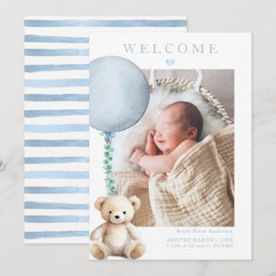Watercolor Baby Boy Photo Birth Announcement