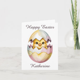 Watercolor Baby Chick Peeking from Cracked Egg Holiday Card