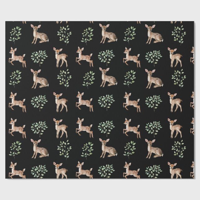 Watercolor Baby Deer and Leaves Pattern Wrapping Paper (Flat)