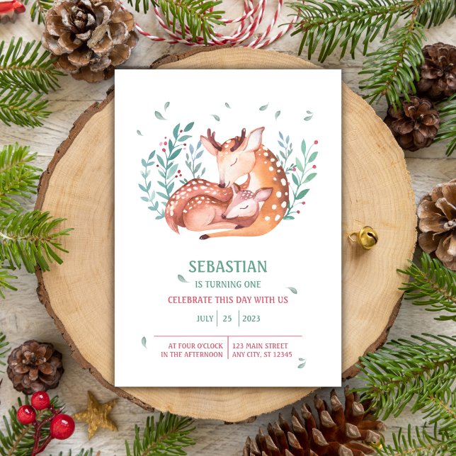 Watercolor Baby Deer Bembi and Mother 1st Birthday Invitation (Watercolor Baby Deer Bembi and Mother 1st Birthday Invitation)