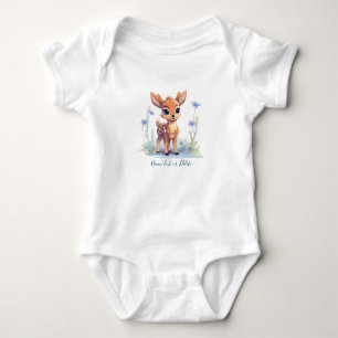 Watercolor Baby Deer Blue Flowers Baby Bodysuit