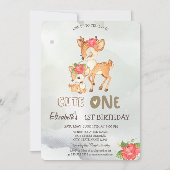 Watercolor Baby Deer Flower Green 1st  Invitation (Front)