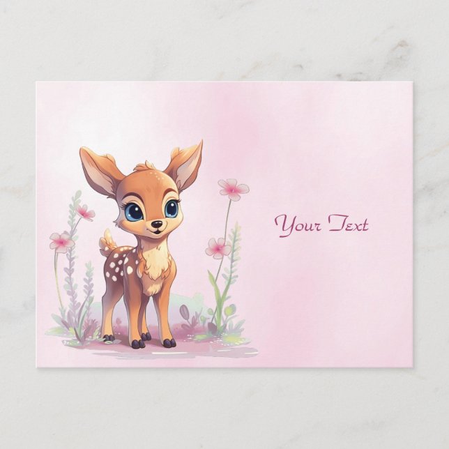 Watercolor Baby Deer Pink Flowers Postcard (Front)