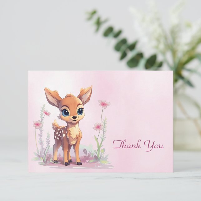 Watercolor Baby Deer Pink Flowers Thank You Card (Standing Front)