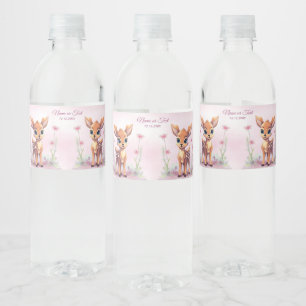 Watercolor Baby Deer Pink Flowers Water Bottle Label
