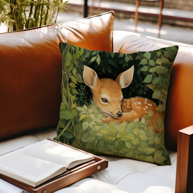 Watercolor Baby Deer Woodland Greenery Throw Pillow (Creator Uploaded)
