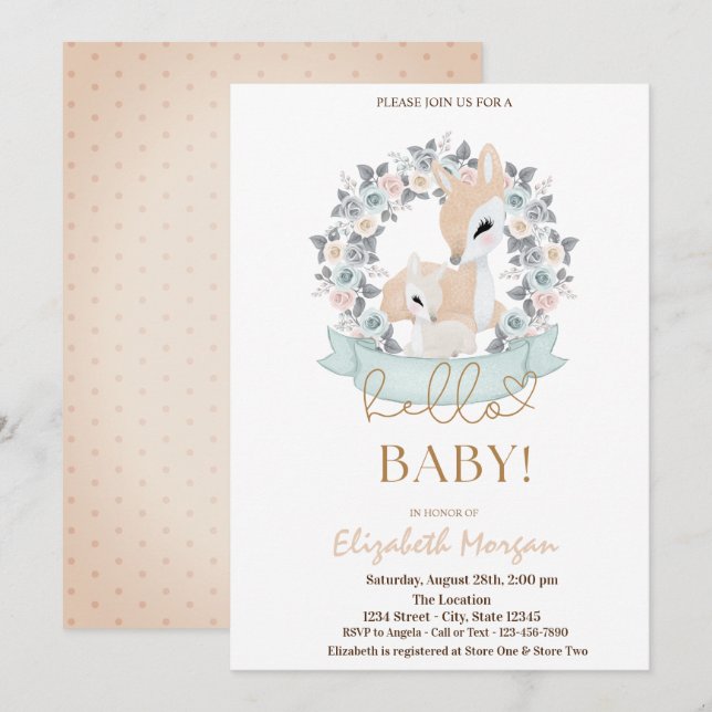 Watercolor Baby Deers Flowers Dots Baby Shower  Invitation (Front/Back)