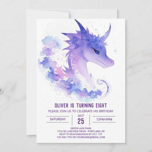 Watercolor Baby Dragon Birthday Invitation (Front)
