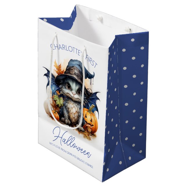 Watercolor Baby Dragon Customizable Halloween Medium Gift Bag (Front Angled)