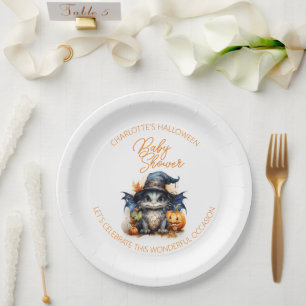 Watercolor Baby Dragon Halloween Baby Shower Paper Plate