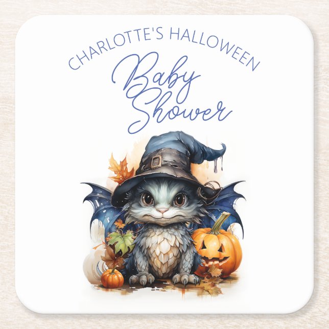 Watercolor Baby Dragon Halloween Baby Shower Square Paper Coaster (Front)
