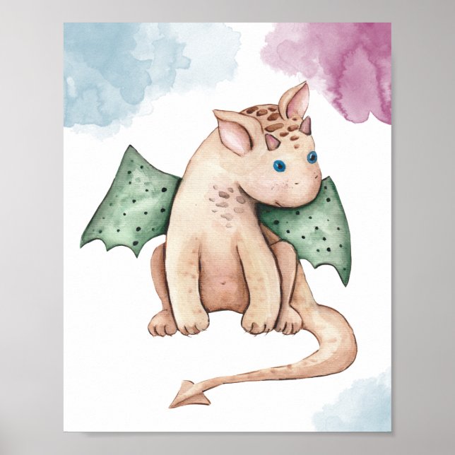 Watercolor Baby Dragon Whimsical Fantasy Nursery  Poster (Front)