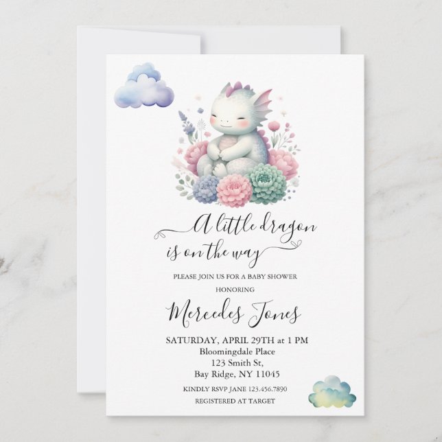 Watercolor Baby Dragon With Flowers Rainbow Art  Invitation (Front)