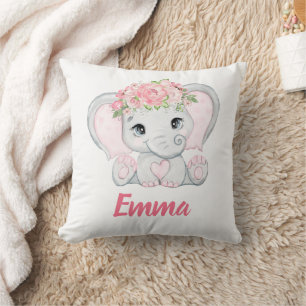 Watercolor Baby Elephant Pink Floral Girl Nursery Throw Pillow