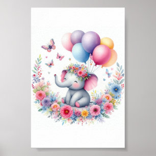 Watercolor Baby Elephant With Balloons And Flowers Poster