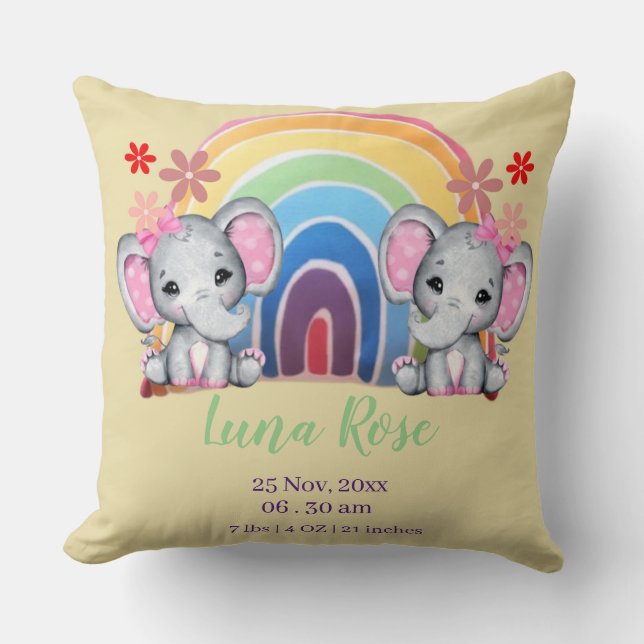 Watercolor Baby Elephants with Rainbow Birth Stats Throw Pillow (Front)