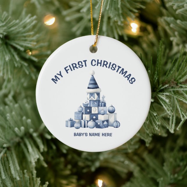 Watercolor Baby First Christmas Photo Ceramic Ornament (Tree)