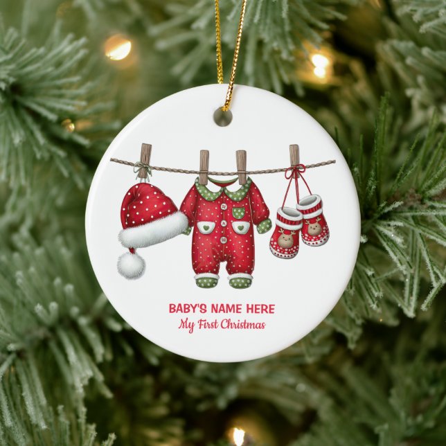 Watercolor Baby First Christmas Photo Ceramic Ornament (Tree)