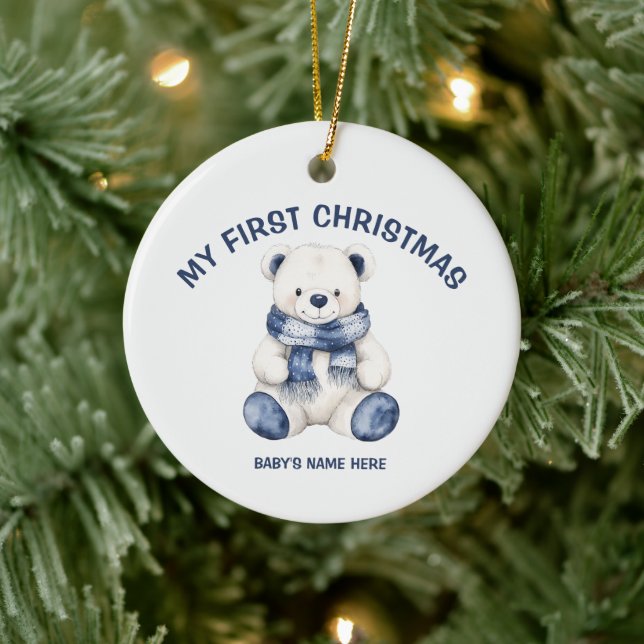 Watercolor Baby First Christmas Photo Ceramic Ornament (Tree)