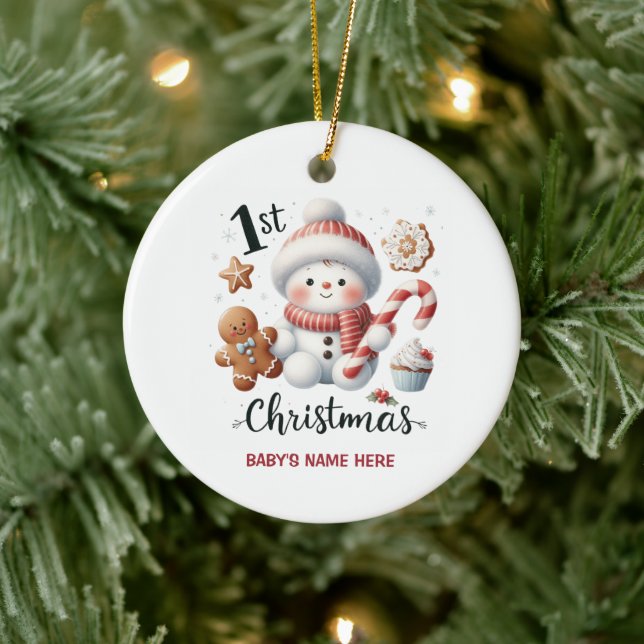Watercolor Baby First Christmas Photo Ceramic Ornament (Tree)