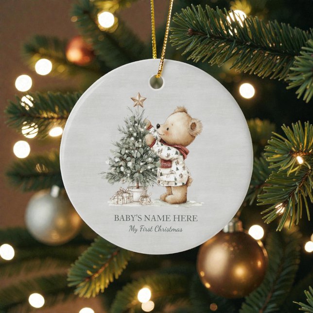 Watercolor Baby First Christmas Photo Ceramic Ornament (Creator Uploaded)