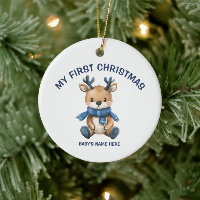 Watercolor Baby First Christmas Photo Ceramic Ornament (Tree)