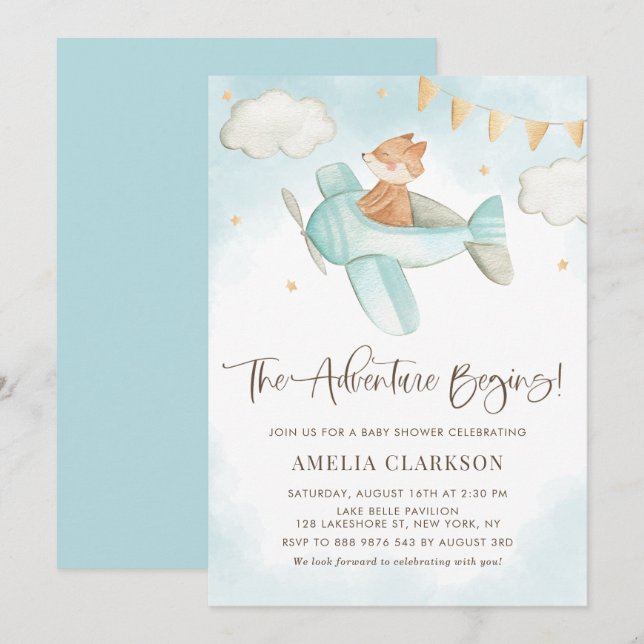 Watercolor Baby Fox Airplane Blue Baby Shower Invitation (Front/Back)