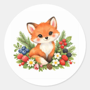 Watercolor Baby Fox with Berries and Flowers  Classic Round Sticker