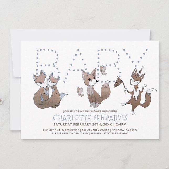  Watercolor Baby Foxes Blue Brown Baby Shower   Invitation (Front)