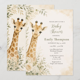 Watercolor Baby Giraffe Baby Shower Green Invitation