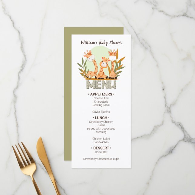 Watercolor Baby Giraffe, Baby Shower  Menu (Front/Back In Situ)