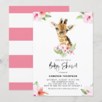 Watercolor Baby Giraffe Pink Hibiscus Baby Shower