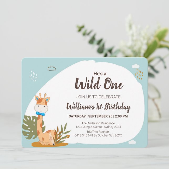 Watercolor Baby Giraffe, Safari Animals Birthday Invitation (Standing Front)