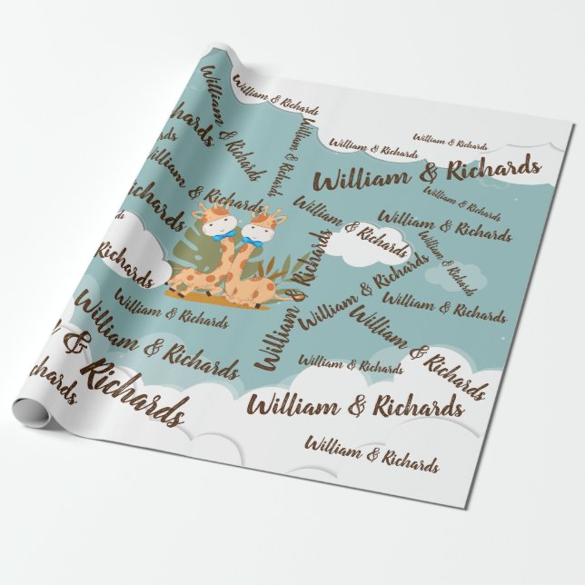 Watercolor Baby Giraffe, Safari twins Birthday Wrapping Paper (Unrolled)