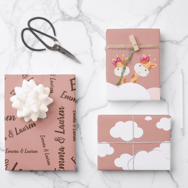 Watercolor Baby Giraffe, Safari twins Birthday Wrapping Paper Sheet (Front)