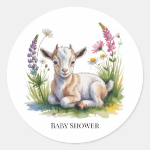 Watercolor Baby Goat with Wildflowers Baby Shower  Classic Round Sticker