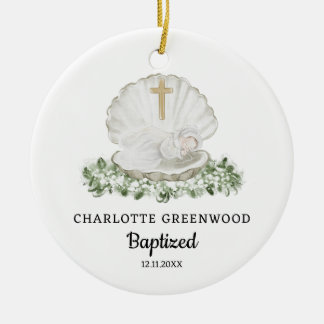 Watercolor Baby in Shell Custom Photo Baptism Ceramic Ornament