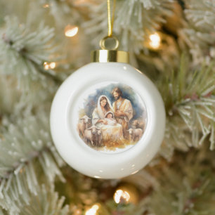 Watercolor Baby Jesus Christ with Mary and Joseph Ceramic Ball Christmas Ornament