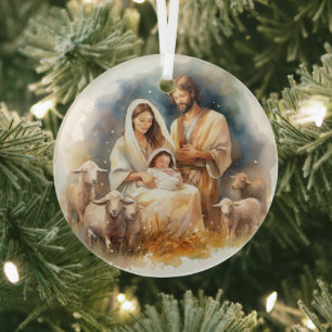 Watercolor Baby Jesus Christ with Mary and Joseph Glass Ornament