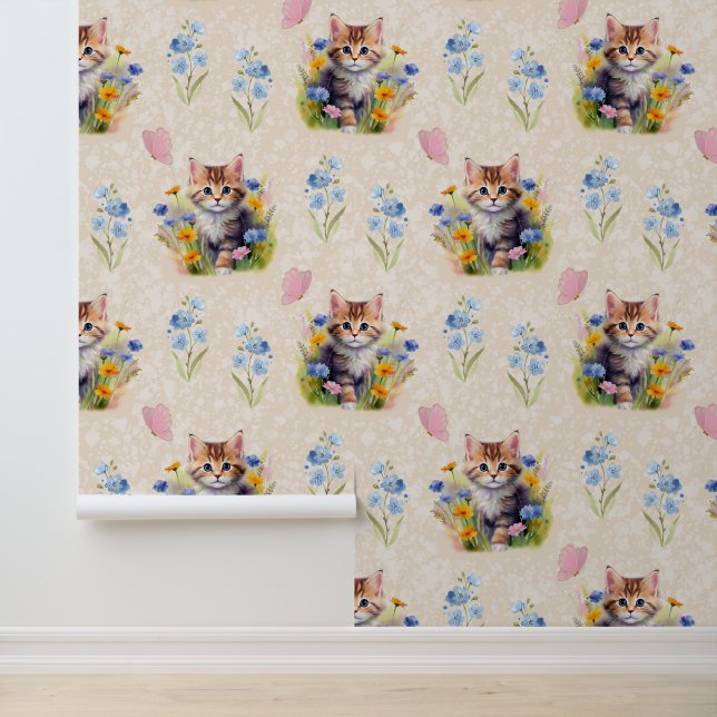 Watercolor Baby Kitten Cat Floral Butterfly Cream  Wallpaper (Application)